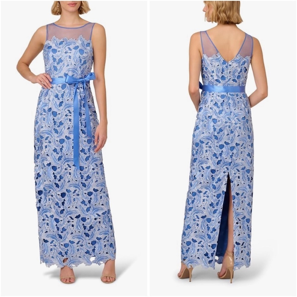 Adrianna Papell Light Blue Embroidered Floral Lace Maxi Dress Women size 2 Belt